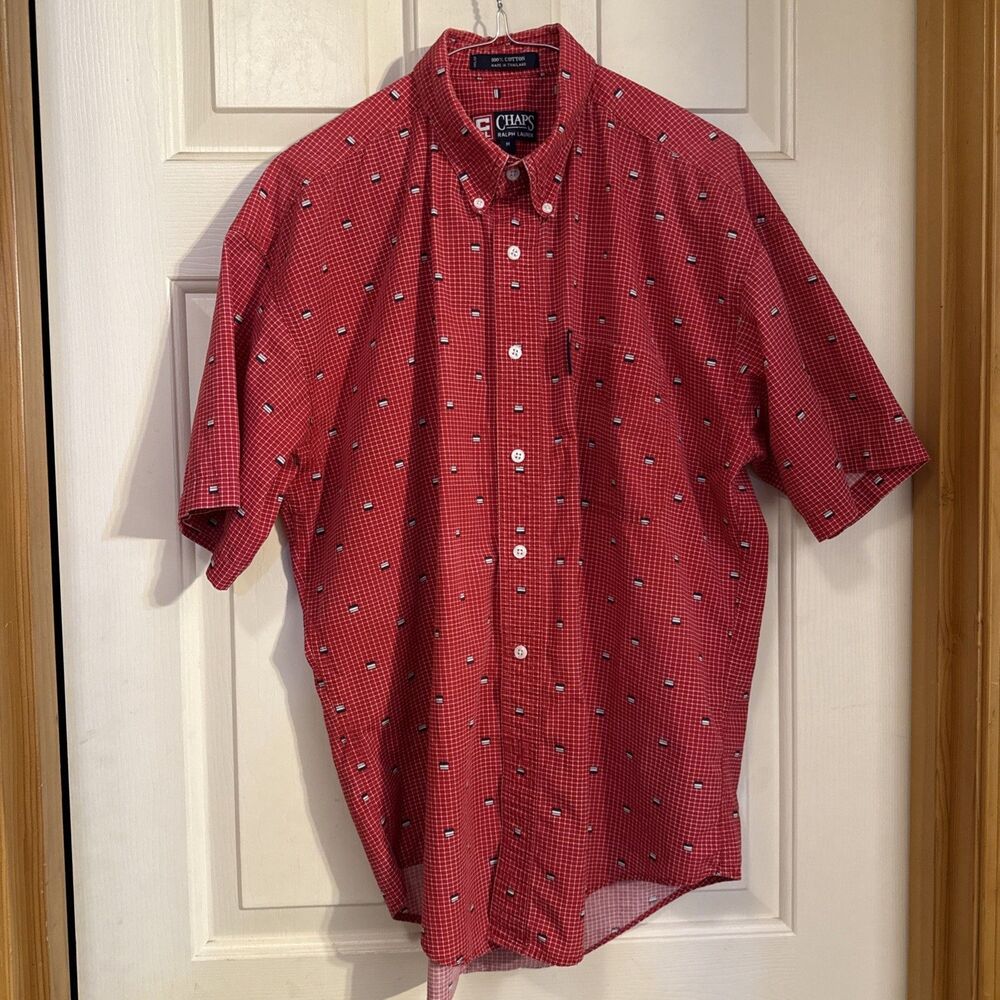 Chaps Ralph Lauren Red Short Sleeve Button Down Shirt Mens XL Flag Print